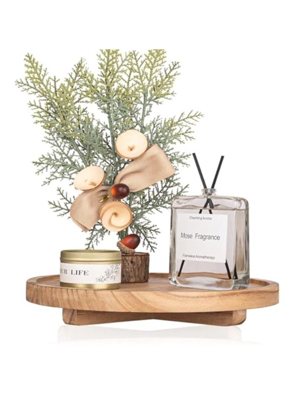 Round Decorative Tray Wood Bathroom Counter Organizer Farmhouse Kitchen Decor